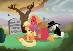 Size: 1000x696 | Tagged: safe, artist:willdrawforfood1, edit, apple bloom, applejack, big macintosh, granny smith, earth pony, pony, crying, grave, grave meme, gravestone, here lies squidward's hopes and dreams, hug, male, one krabs trash, spongebob squarepants, squidward tentacles, stallion, what a baby