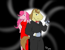 Size: 990x765 | Tagged: safe, artist:caseyljones, con mane, donut joe, pinkie pie, anthro, g4, female, gun, male, no trigger discipline, pistol, ship:pinkiejoe, shipping, straight, weapon