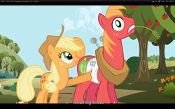 Size: 1680x1050 | Tagged: safe, edit, edited screencap, screencap, applejack, big macintosh, earth pony, pony, applebuck season, g4, season 1, bandage, breasts, caption, female, male, mare, stallion, text, tree, youtube caption