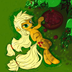 Size: 1280x1280 | Tagged: safe, artist:munkari, applejack, earth pony, pony, g4, apple, female, grass, on back, solo