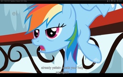 Size: 1680x1050 | Tagged: safe, screencap, rainbow dash, pony, applebuck season, g4, boris yeltsin, ei, female, hub logo, solo, youtube caption