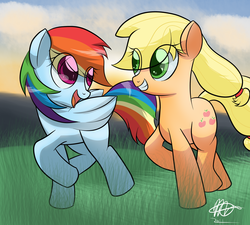 Size: 2000x1800 | Tagged: safe, artist:mister-markers, applejack, rainbow dash, earth pony, pegasus, pony, g4, duo, duo female, female, lesbian, looking at each other, running, ship:appledash, shipping, sunset