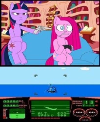 Size: 409x498 | Tagged: safe, artist:terry, pinkie pie, twilight sparkle, earth pony, pony, unicorn, g4, at gunpoint, exploitable meme, female, gun, gun meme, mare, meme, threatening, top gun, top gun (nes), weapon