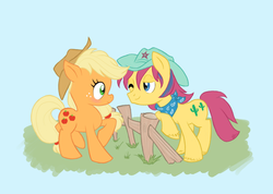 Size: 940x669 | Tagged: safe, artist:tell-me-lies, applejack, tex, g1, g4, bandana, blushing, female, fence, g1 to g4, generation leap, hat, male, ship:texjack, shipping, straight, wink