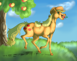 Size: 800x640 | Tagged: safe, artist:hazelthedragoness, applejack, earth pony, pony, g4, apple, female, realistic, solo, tree