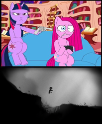 Size: 409x498 | Tagged: safe, artist:terry, pinkie pie, twilight sparkle, earth pony, pony, unicorn, g4, at gunpoint, exploitable meme, female, gun, gun meme, limbo (video game), mare, meme, threatening, weapon