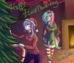 Size: 1280x1097 | Tagged: safe, artist:7nights, princess celestia, princess luna, human, ask human luna, g4, ask, christmas, human luna, humanized, s1 luna