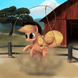 Size: 1500x1500 | Tagged: safe, artist:tres-apples, applejack, earth pony, pony, g4, female, fence, jumping, lasso, solo