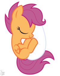 Size: 555x695 | Tagged: safe, artist:facelessjr, scootaloo, pegasus, pony, g4, cute, cutealoo, egg, female, filly, pillow, scootachicken, simple background, sleeping, solo, transparent background