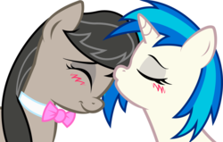 Size: 2312x1466 | Tagged: safe, artist:kennyklent, dj pon-3, octavia melody, vinyl scratch, g4, blushing, female, kissing, lesbian, ship:scratchtavia, shipping, simple background, transparent background