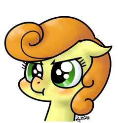 Size: 456x477 | Tagged: safe, artist:zicygomar, carrot top, golden harvest, pony, g4, :t, blushing, bust, cute, cutie top, female, filly, floppy ears, glare, portrait, simple background, solo, white background
