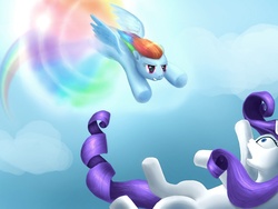 Size: 1024x768 | Tagged: safe, artist:chickentech, rainbow dash, rarity, g4, my little pony: friendship is magic, sonic rainboom (episode), cloud, scene interpretation, sky, sonic rainboom