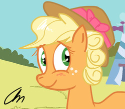 Size: 800x700 | Tagged: safe, artist:crackernut, applejack, earth pony, pony, g4, alternate hairstyle, female, hat, ribbon, short hair, solo