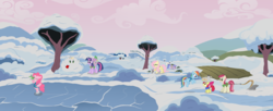 Size: 2930x1200 | Tagged: safe, artist:assiel, apple bloom, fluttershy, gummy, pinkie pie, rainbow dash, roseluck, sea swirl, seafoam, spike, twilight sparkle, dragon, earth pony, pegasus, pony, unicorn, g4, winter wrap up, animal team, background pony, clothes, dragons riding ponies, female, filly, flying, head carry, ice skating, mare, plant team, plough, riding, snow, spike riding twilight, unicorn twilight, vest, weather team, winter, winter wrap up vest