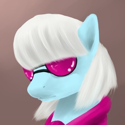 Size: 1500x1500 | Tagged: safe, artist:tres-apples, photo finish, earth pony, pony, g4, bust, clothes, female, gradient background, mare, solo, sunglasses