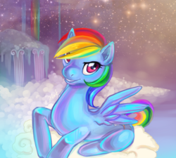 Size: 900x810 | Tagged: safe, artist:erinliona, rainbow dash, pegasus, pony, g4, cloud, cloudsdale, cloudy, female, lying down, mare, night, prone, solo, spread wings, stars