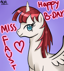 Size: 344x383 | Tagged: safe, artist:pklove-chan, oc, oc only, oc:fausticorn, alicorn, pony, birthday, gradient background, happy birthday, happy birthday lauren faust, lauren faust, solo