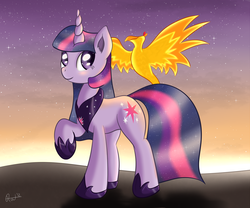 Size: 1200x1000 | Tagged: safe, artist:ratofdrawn, peewee, twilight sparkle, phoenix, pony, unicorn, g4, duo, ethereal mane, female, hoof shoes, jewelry, mare, older, peytral, princess, raised hoof, regalia, signature, spread wings, starry mane, twilight (astronomy), unicorn twilight, wings