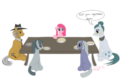 Size: 1144x770 | Tagged: safe, artist:alipes, cloudy quartz, igneous rock pie, limestone pie, marble pie, pinkie pie, earth pony, pony, g4, eating, female, filly, floppy ears, frown, hay, herbivore, male, mare, pie family, pinkamena diane pie, puffy cheeks, sad, ship:quartzrock, simple background, sitting, smiling, stallion, table, transparent background