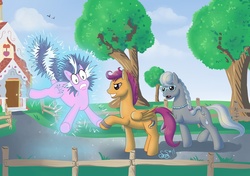 Size: 1271x895 | Tagged: safe, artist:alipes, diamond tiara, scootaloo, silver spoon, pony, g4, prank, trio