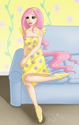 Size: 748x1177 | Tagged: safe, artist:alipes, fluttershy, human, g4, clothes, dress, humanized, solo, tailed humanization, winged humanization