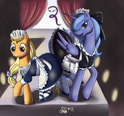 Size: 1081x1006 | Tagged: safe, artist:alipes, applejack, princess luna, pony, g4, clothes, duo, maid, mary janes, s1 luna