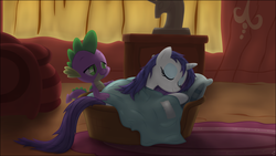 Size: 3840x2160 | Tagged: safe, artist:stinkehund, rarity, spike, dragon, g4, basket, female, high res, interspecies, library, male, not creepy, ship:sparity, shipping, sleeping, straight