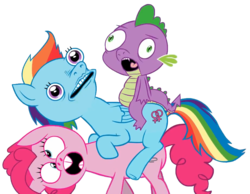 Size: 926x720 | Tagged: safe, artist:hotdiggedydemon, pinkie pie, rainbow dash, spike, dragon, earth pony, pegasus, pony, .mov, shed.mov, g4, animated, animated png, double riding, dragons riding ponies, female, male, mare, ponies riding ponies, ponies riding ponies riding ponies, rainbow dash riding pinkie pie, riding, simple background, spike riding rainbow dash, transparent background