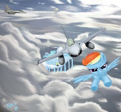 Size: 1554x1428 | Tagged: safe, artist:alexrockclimber, derpy hooves, rainbow dash, pegasus, pony, g4, aircraft, airplane dash, f-16 fighting falcon, female, fighter, flying, jet, jet fighter, mare, plane
