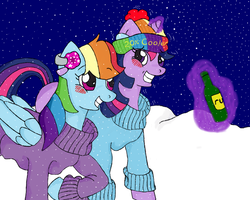 Size: 820x655 | Tagged: safe, artist:my-little-brony, rainbow dash, twilight sparkle, g4, alcohol, blushing, clothes, female, lesbian, night, ship:twidash, shipping, snow, snowfall, sweater