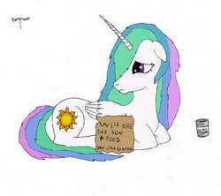 Size: 1204x1068 | Tagged: safe, artist:rodolfomushi, princess celestia, pony, g4, hobo, homeless, simple background, solo, white background, will x for y