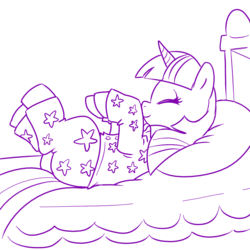 Size: 1000x1000 | Tagged: safe, artist:madmax, twilight sparkle, pony, unicorn, g4, bed, clothes, eyes closed, female, lineart, mare, monochrome, on back, pajamas, solo