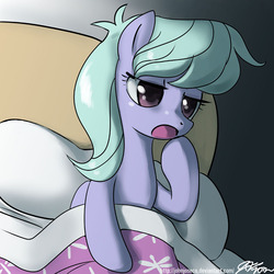 Size: 900x900 | Tagged: safe, artist:johnjoseco, flitter, pony, g4, bed, female, morning ponies, solo