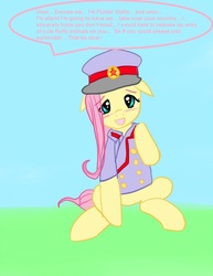 Size: 592x768 | Tagged: safe, artist:gokai-chibi, fluttershy, pony, g4, blushing, clothes, dictator, hat, josef stalin, solo, speech bubble