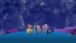 Size: 2560x1440 | Tagged: safe, artist:regolithx, apple bloom, applejack, fluttershy, pinkie pie, rainbow dash, rarity, scootaloo, sweetie belle, twilight sparkle, g4, stargazing, telescope