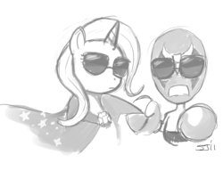 Size: 900x692 | Tagged: safe, artist:johnjoseco, trixie, pony, unicorn, g4, crossover, dangeresque, grayscale, homestar runner, monochrome, strong bad, sunglasses