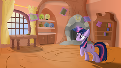 Size: 2560x1440 | Tagged: safe, artist:regolithx, twilight sparkle, pony, unicorn, g4, book, bookshelf, candle, female, fireplace, glowing horn, horn, magic, mare, raised hoof, smiling, solo, telekinesis, unicorn twilight, window