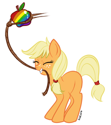 Size: 400x450 | Tagged: safe, artist:lulubell, applejack, earth pony, pony, g4, eyes closed, female, filly, hatless, lasso, missing accessory, mouth hold, simple background, solo, white background, zap apple
