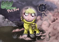 Size: 1067x756 | Tagged: safe, artist:sip, oc, oc only, oc:puppysmiles, earth pony, pony, fallout equestria, fallout equestria: pink eyes, canterlot ghoul, fallout, fanfic, fanfic art, female, filly, foal, hazmat suit, heads up display, hooves, hud, open mouth, pink cloud (fo:e), route 52, saddle bag, solo, text