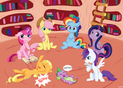 Size: 1280x909 | Tagged: dead source, safe, artist:fuzzai, applejack, fluttershy, pinkie pie, rainbow dash, rarity, spike, twilight sparkle, g4, alternate hairstyle, big no, body swap, golden oaks library, laughing, library, mane seven, mane six, mane swap, marshmelodrama, palette swap, recolor, role reversal, spell, spell gone wrong