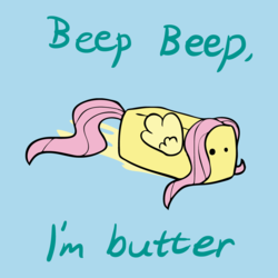 Size: 1000x1000 | Tagged: safe, artist:zedrin, fluttershy, pony, g4, beep beep, blue background, butter, female, flutterbutter, literal buttershy, pun, simple background, solo