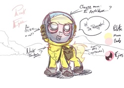 Size: 762x540 | Tagged: safe, artist:sip, oc, oc only, oc:puppysmiles, earth pony, ghoul, pony, fallout equestria, fallout equestria: pink eyes, canterlot ghoul, fallout, fanfic, fanfic art, female, filly, foal, hazmat suit, hooves, implied apple bloom, open mouth, saddle bag, sketch, solo, text