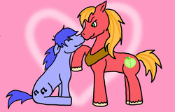 Size: 900x577 | Tagged: source needed, safe, artist:kawaiimolestia, big macintosh, blues, noteworthy, earth pony, pony, g4, backwards cutie mark, colored hooves, eyebrows, gay, heart, horse collar, male, raised hoof, ship:macworthy, shipping, stallion, unshorn fetlocks