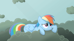 Size: 2560x1440 | Tagged: safe, artist:regolithx, rainbow dash, pony, g4, cloud, cloudy, female, pouting, sad, solo, wallpaper