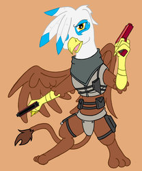 Size: 1024x1231 | Tagged: safe, artist:irkengeneral, oc, oc only, oc:henrietta firebright, griffon, fallout equestria, fallout equestria: pink eyes, bipedal, fallout, female, gun, handgun, open mouth, pistol, simple background, weapon, wings