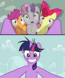 Size: 1000x1200 | Tagged: safe, edit, edited screencap, screencap, apple bloom, scootaloo, sweetie belle, twilight sparkle, pegasus, pony, unicorn, g4, hearts and hooves day (episode), cutie mark crusaders, female, filly, imminent rape, implied foalcon, mare, rapeface, this will end in jail time, twilight snapple, varying degrees of want