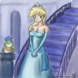 Size: 1280x1280 | Tagged: safe, artist:johnjoseco, artist:michos, applejack, soarin', frog, human, g4, blonde, blonde hair, breasts, busty applejack, cleavage, clothes, colored, colored pupils, cute, disney, disney princess, dress, eyes on the prize, female, grin, humanized, implied soarinjack, jackabetes, looking at you, pie, princess tiana, smiling, solo focus, species swap, stairs, the princess and the frog, tiana