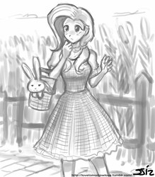 Size: 735x840 | Tagged: safe, artist:johnjoseco, angel bunny, fluttershy, human, g4, clothes, crossover, dorothy gale, dress, grayscale, humanized, monochrome, the wizard of oz, toto