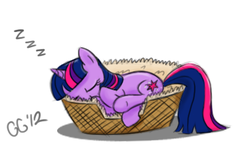 Size: 446x258 | Tagged: safe, artist:gloomygoomba, twilight sparkle, pony, unicorn, g4, basket, eyes closed, female, lying down, mare, on side, simple background, sleeping, solo, underhoof, unicorn twilight, white background, zzz