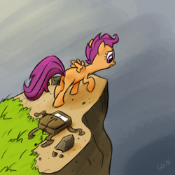 Size: 1000x1000 | Tagged: safe, artist:gloomygoomba, scootaloo, pony, g4, cliff, female, solo